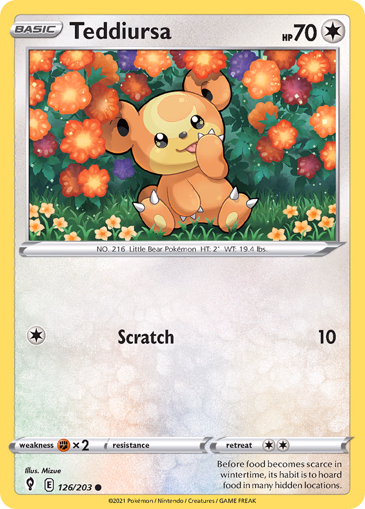 Teddiursa Pokemon card (126/203, Evolving Skies)