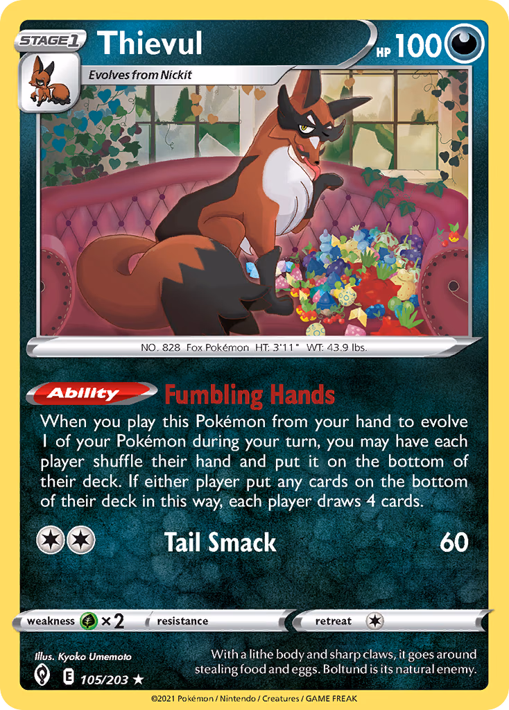 Thievul Pokemon card (105/203, Evolving Skies)