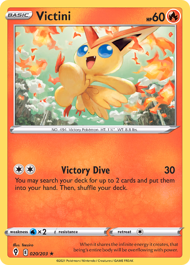 Victini Pokemon card (020/203, Evolving Skies)