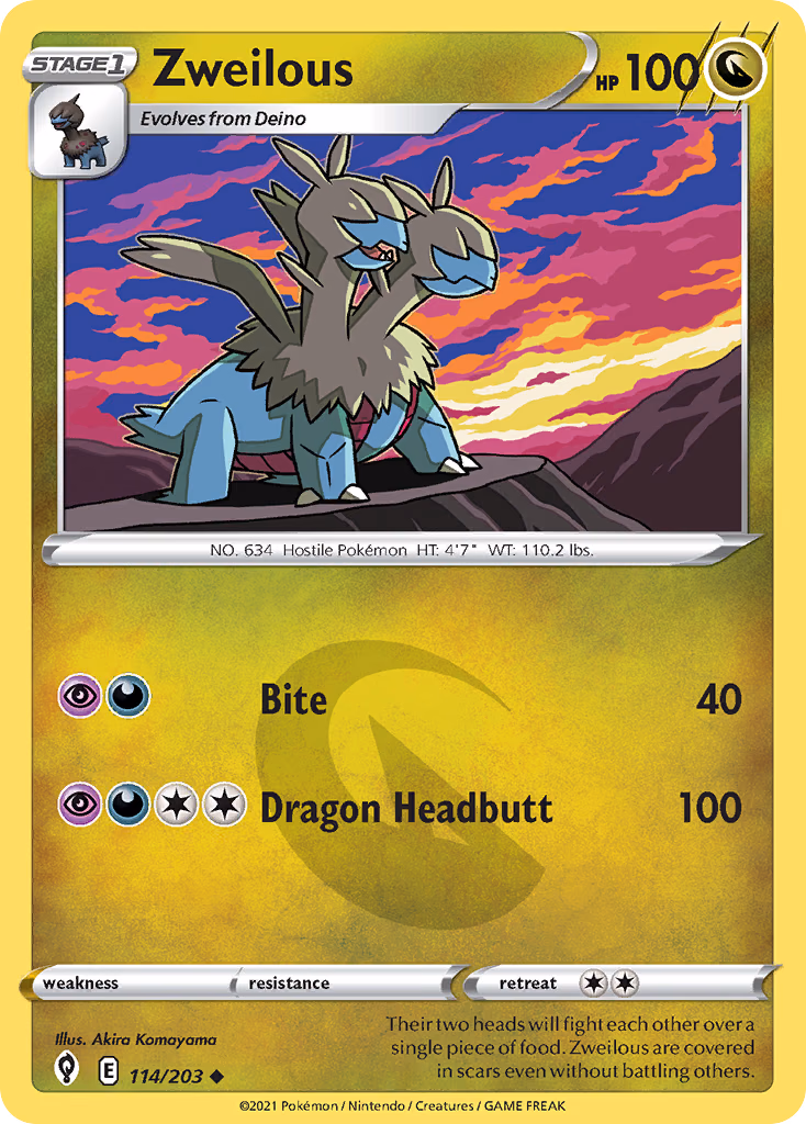 Zweilous Pokemon card (114/203, Evolving Skies)