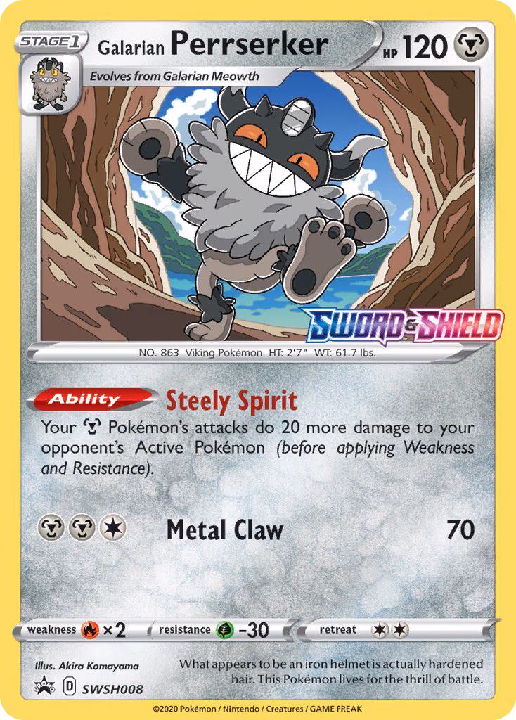Galarian Perrserker Pokemon card (SWSH008, SWSH Black Star Promos)