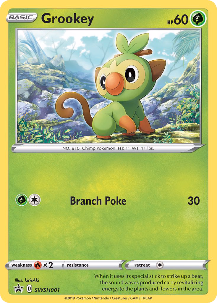 Grookey Pokemon card (SWSH001, SWSH Black Star Promos)