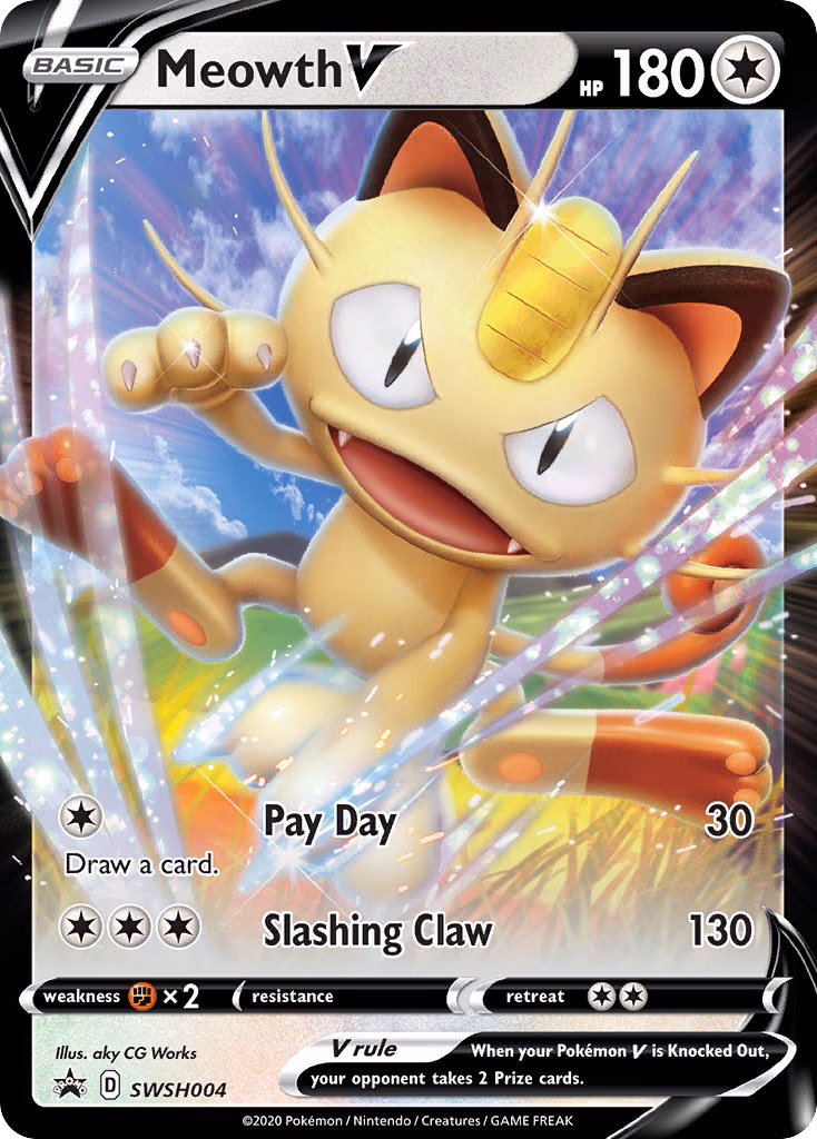 Meowth V Pokemon card (SWSH004, SWSH Black Star Promos)