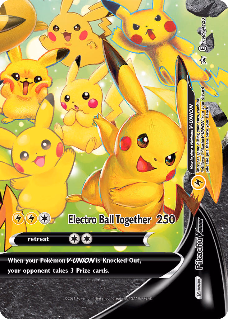 Pikachu V-UNION Pokemon card (SWSH142, SWSH Black Star Promos)