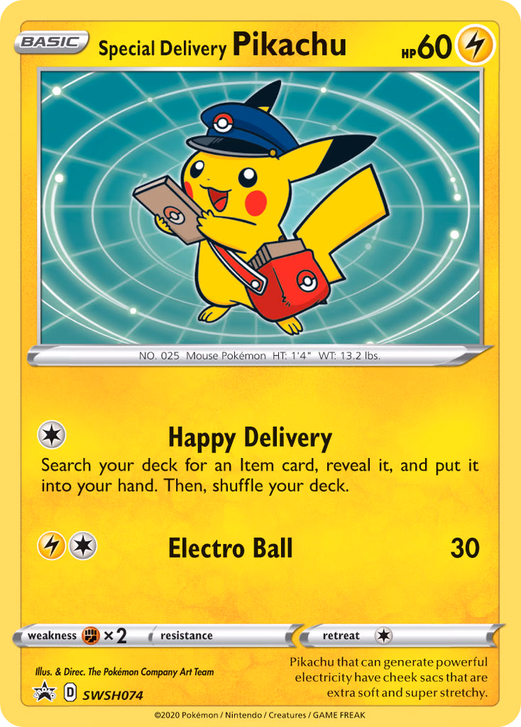 Special Delivery Pikachu Pokemon card (SWSH074, SWSH Black Star Promos)