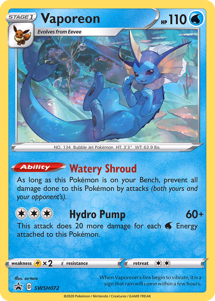 Vaporeon Pokemon card (SWSH072, SWSH Black Star Promos)