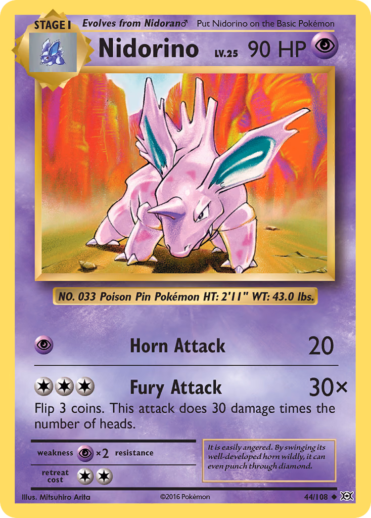 Nidorino Pokemon card (44/108, Evolutions)