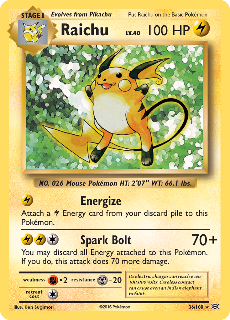 Raichu Pokemon card (36/108, Evolutions)