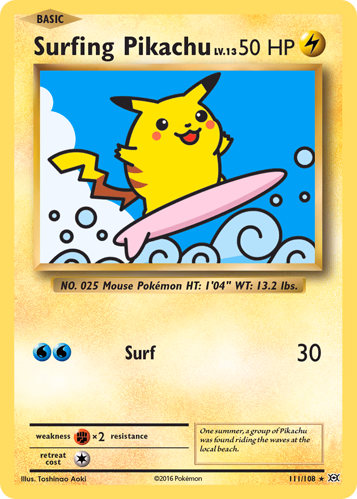 Surfing Pikachu Pokemon card (111/108, Evolutions)