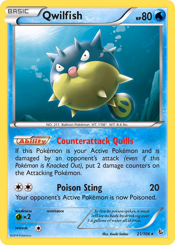 Qwilfish Pokemon card (21/106, Flashfire)