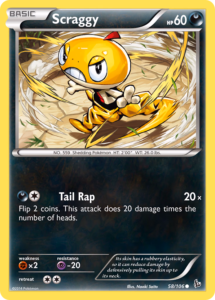 Scraggy Pokemon card (58/106, Flashfire)