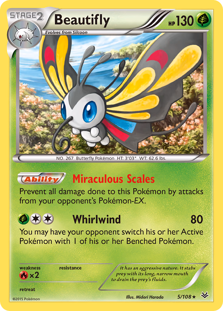 Beautifly Pokemon card (5/108, Roaring Skies)