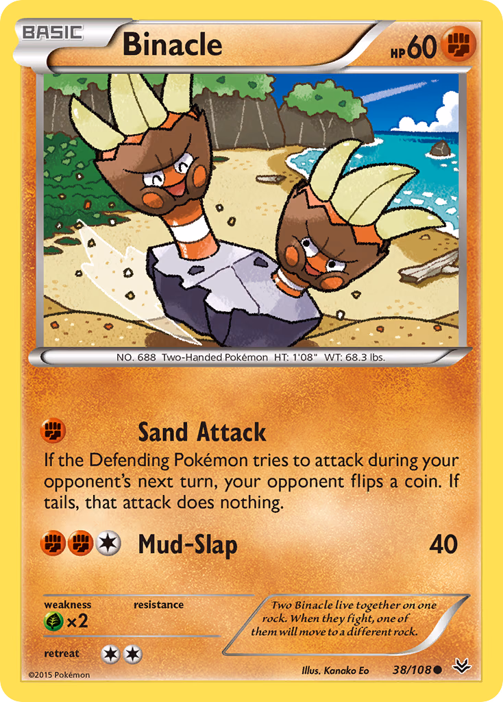 Binacle Pokemon card (38/108, Roaring Skies)