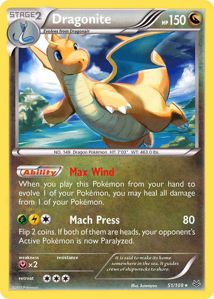 Dragonite Pokemon card (51/108, Roaring Skies)