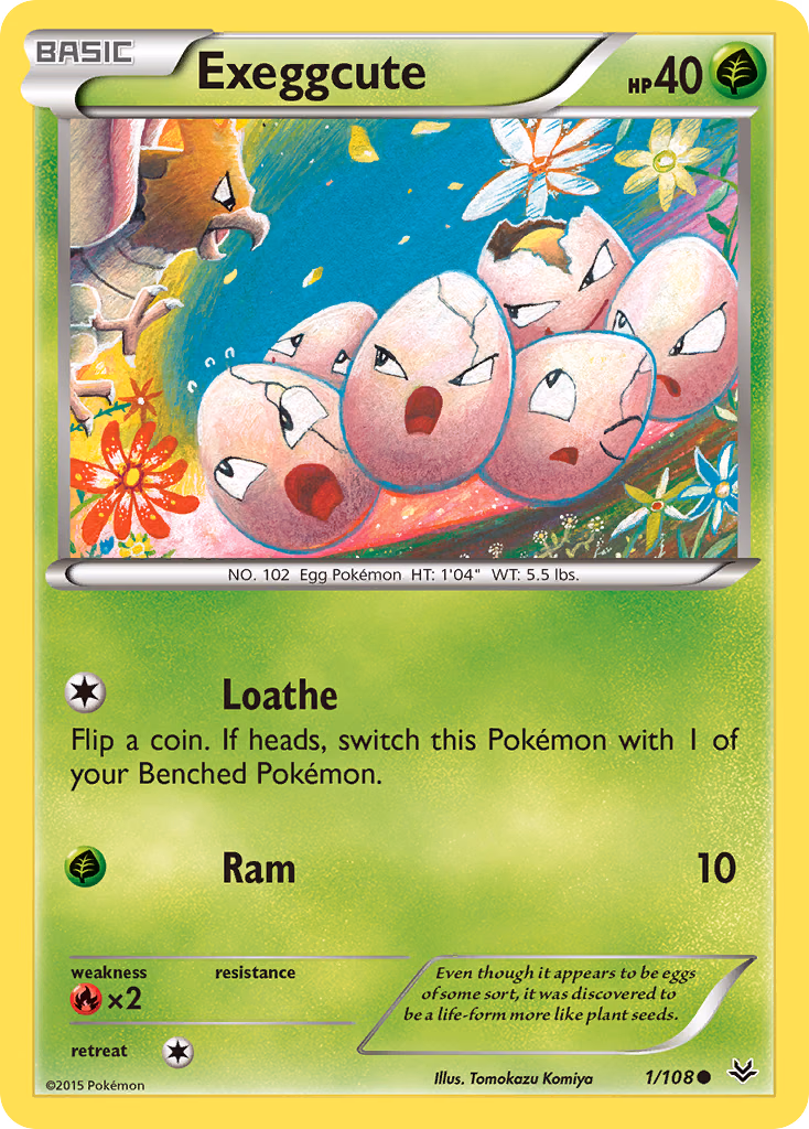 Exeggcute Pokemon card (1/108, Roaring Skies)