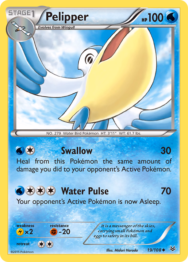 Pelipper Pokemon card (19/108, Roaring Skies)