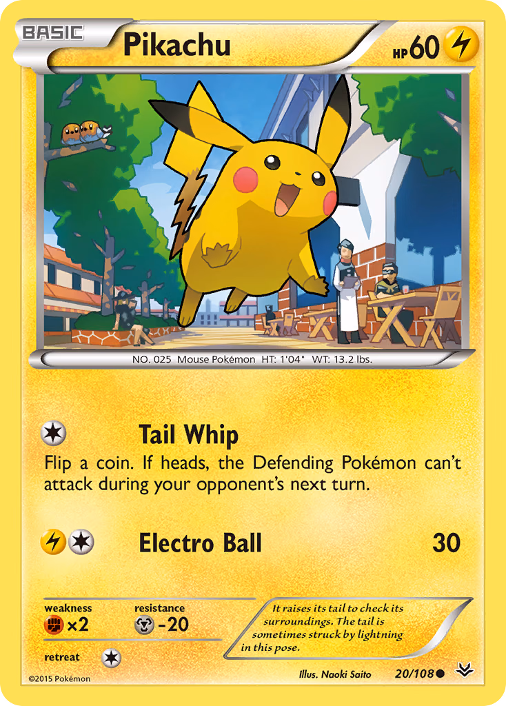 Pikachu Pokemon card (20/108, Roaring Skies)