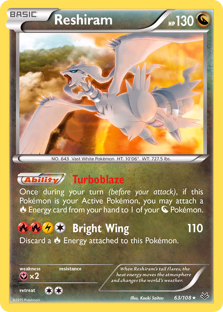 Reshiram Pokemon card (63/108, Roaring Skies)