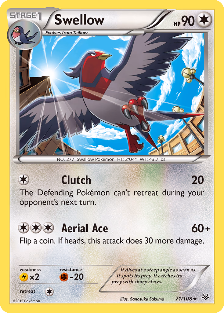Swellow Pokemon card (71/108, Roaring Skies)