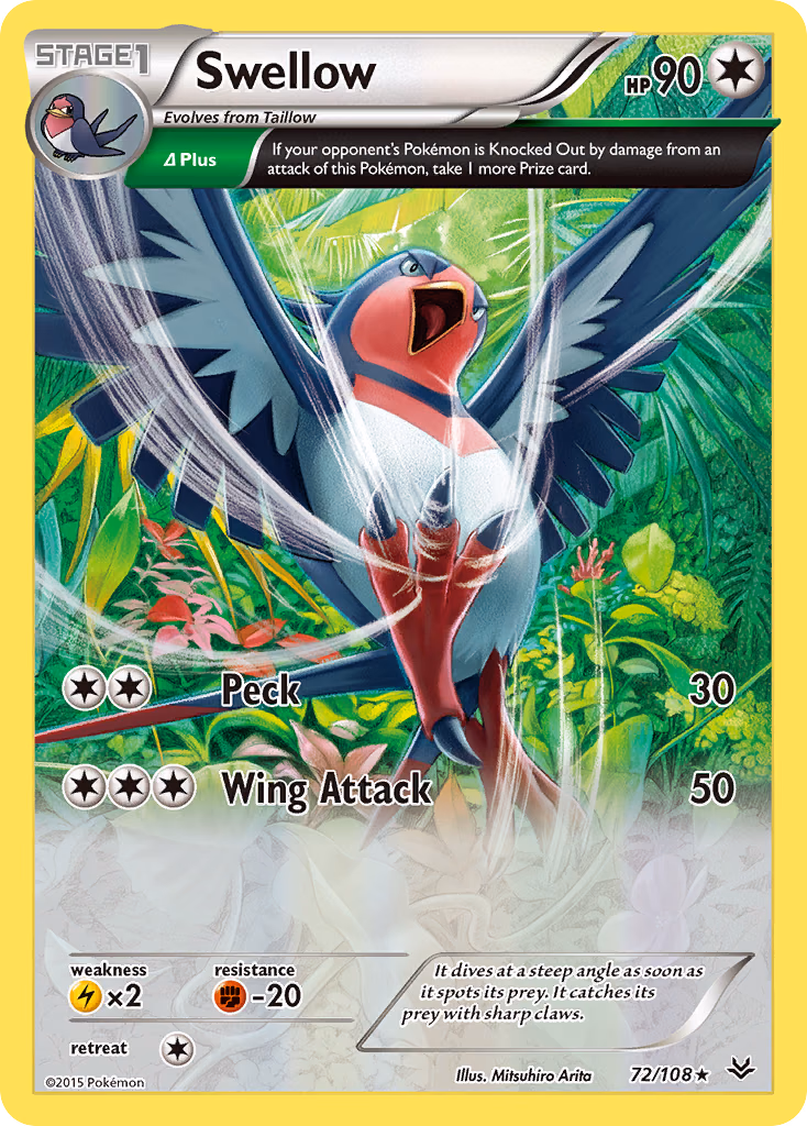 Swellow Pokemon card (72/108, Roaring Skies)