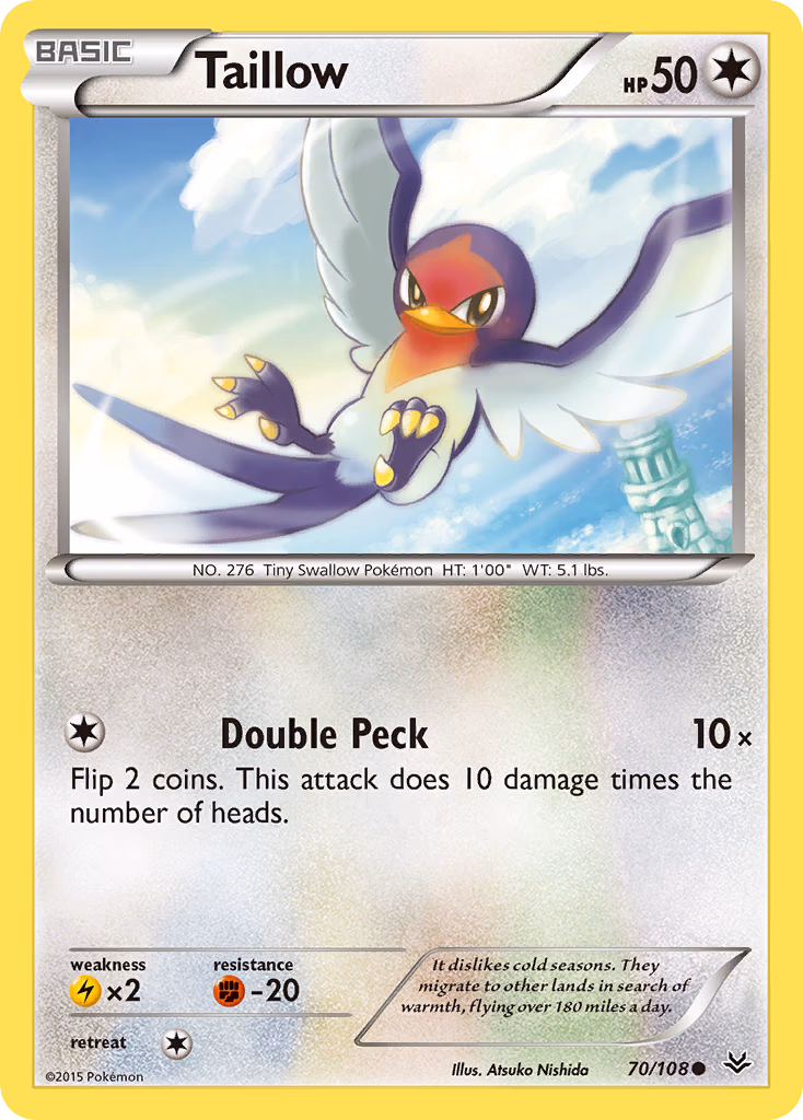 Taillow Pokemon card (70/108, Roaring Skies)