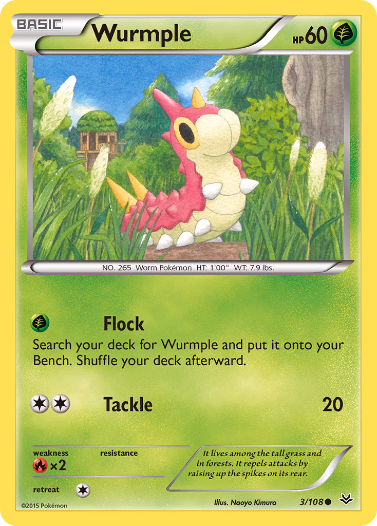 Wurmple Pokemon card (3/108, Roaring Skies)