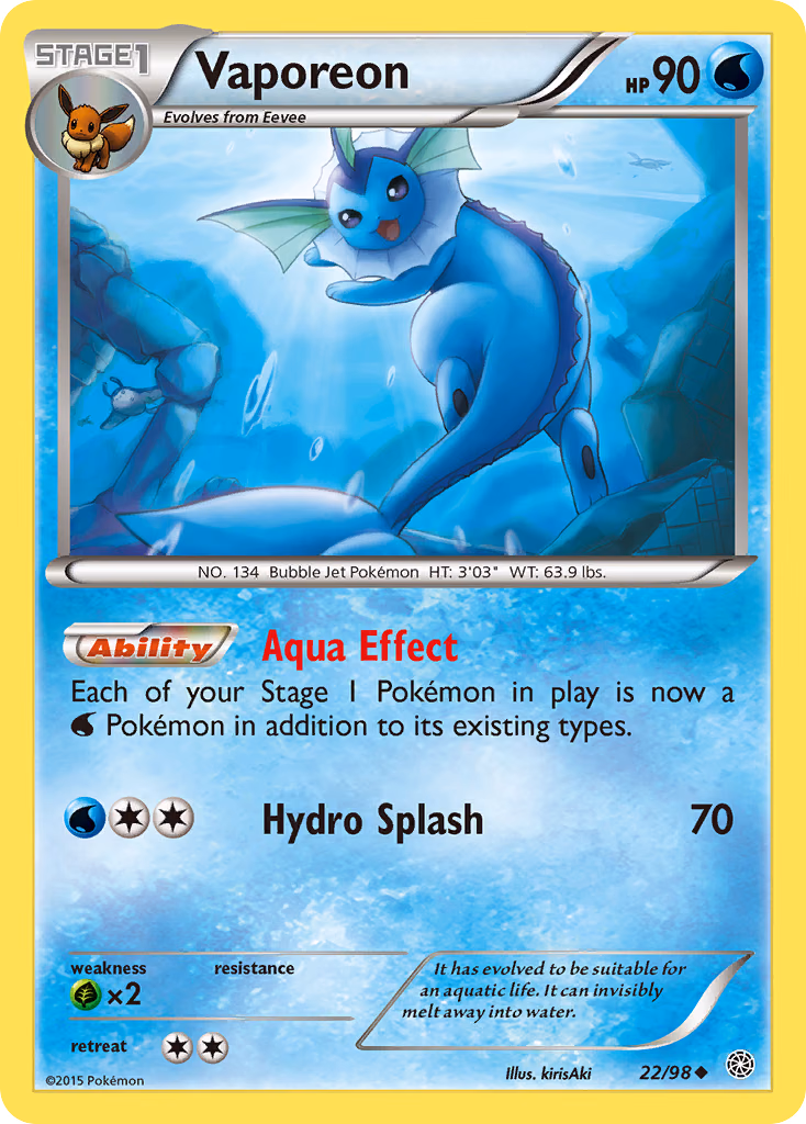 Vaporeon Pokemon card (22/98, Ancient Origins)