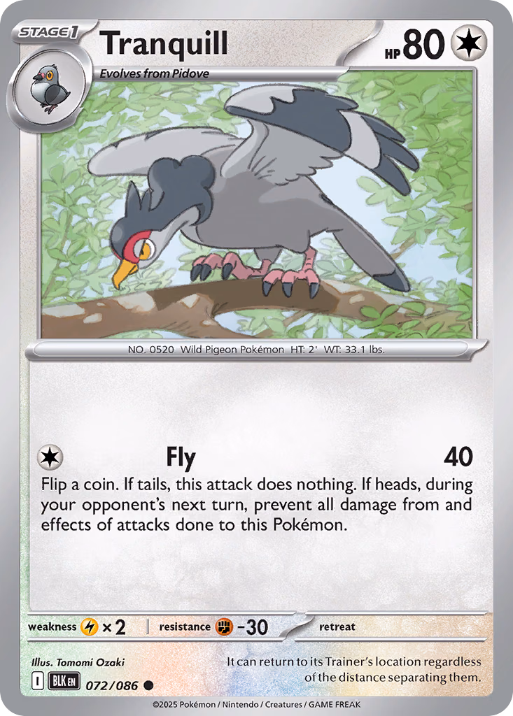 Tranquill Pokemon card (072/086, Black Bolt)